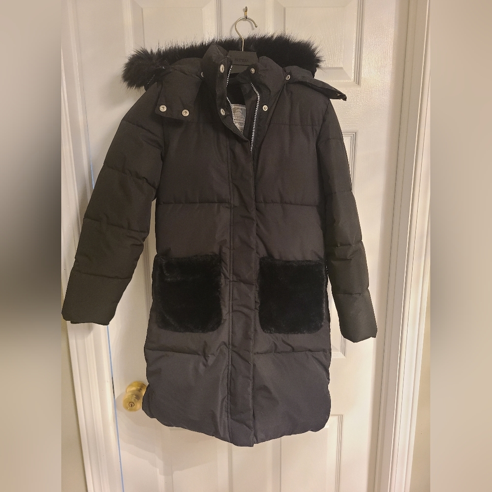 Deux par Deux Black Puffer Coat with Faux Fur Removable  Trim
